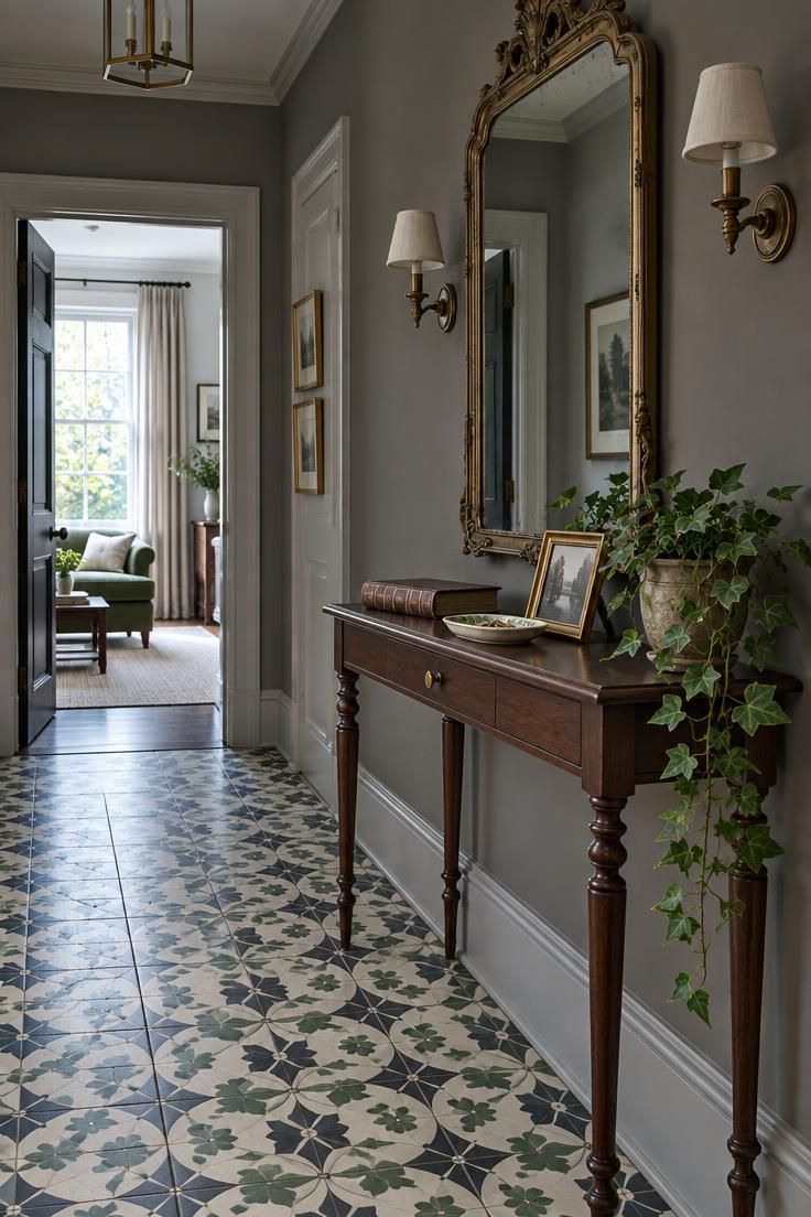 A hallway with encaustic-look patterned tile in charcoal, cream, and bottle green, a dark walnut console table, and an ornate tarnished brass mirror above it.