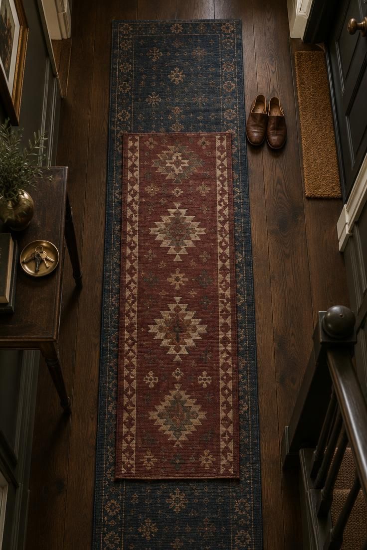 An overhead view of wide dark oak floor planks in a moody hallway, layered with a long faded navy runner and a shorter burgundy kilim runner overlapping in the center.