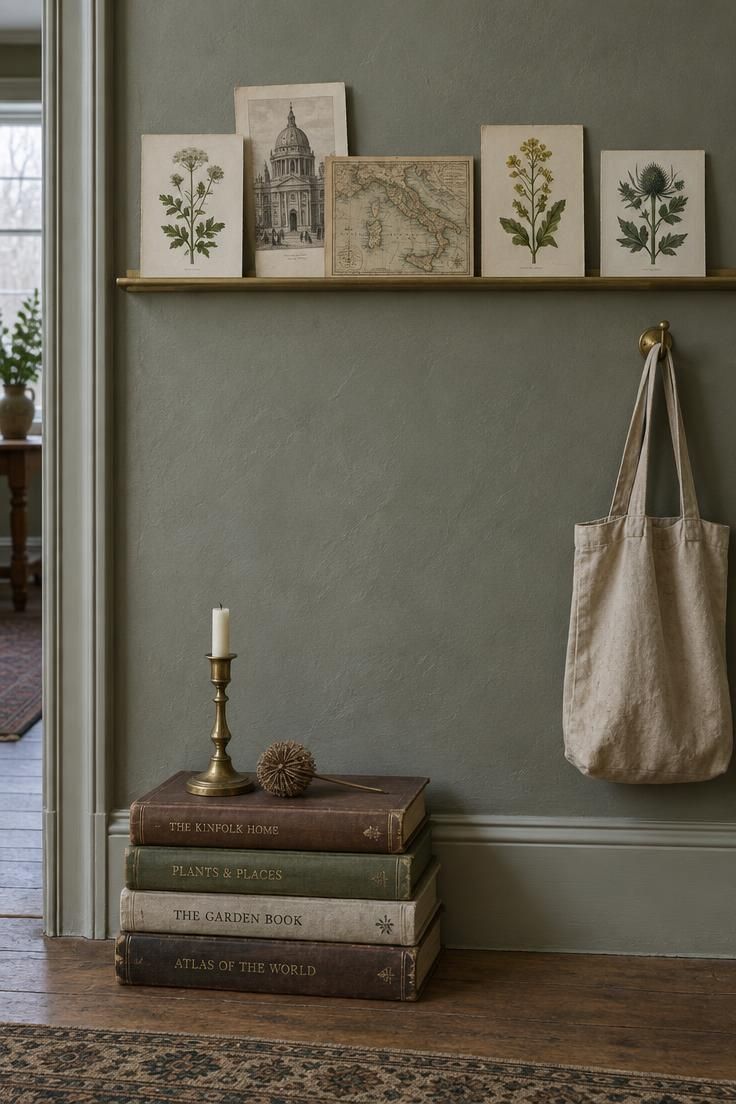 A hallway wall with a narrow brass picture rail holding small unframed botanical and map prints, above a floor stack of worn cloth-bound books topped with a brass candlestick.