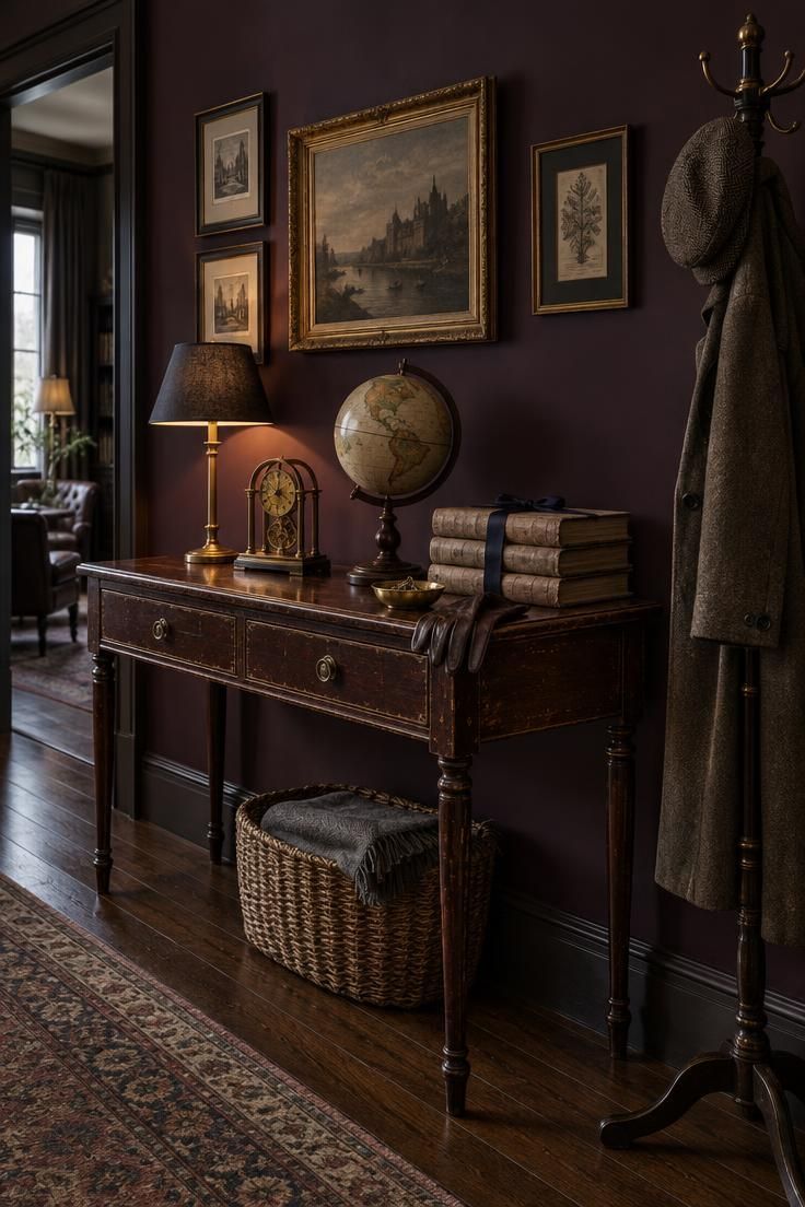 An antique mahogany console table against a deep aubergine wall in a vintage hallway, holding a brass skeleton clock, a globe, and tied folios, with a woven basket beneath.