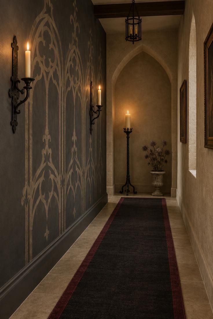 A gothic hallway with an iron gray wall stenciled with tracery in parchment, flanked by wrought-iron candle sconces, with a dark oxblood-bordered runner on the floor.