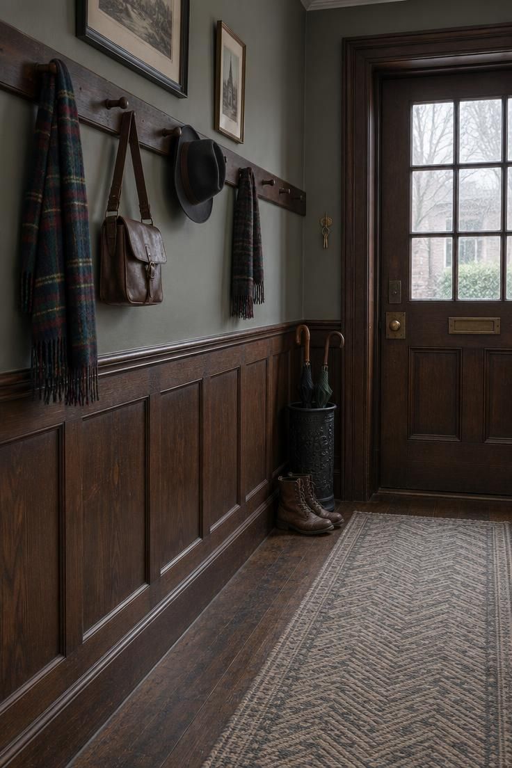 A vintage hallway with dark walnut wainscoting below a wooden peg rail holding a tartan scarf, leather satchel, and felt hat, plus a cast-iron umbrella stand and herringbone runner.