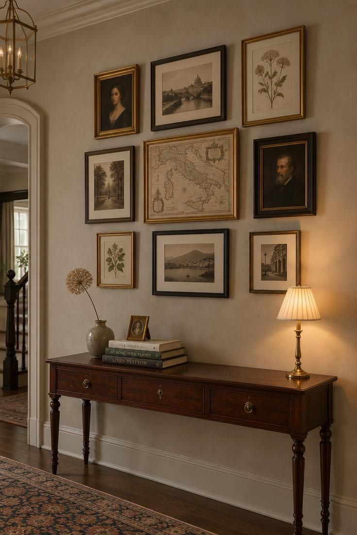 A hallway gallery wall of nine small oil portraits, sepia photos, and prints in gold, brass, and black frames above a slim mahogany credenza with a brass candlestick lamp.