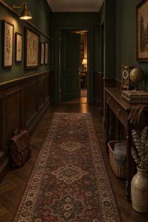A long dark academia hallway with deep green walls above walnut wainscoting, a brass picture rail with framed prints, an antique console with a skeleton clock and globe, and a faded Persian-style runner on dark herringbone floor.