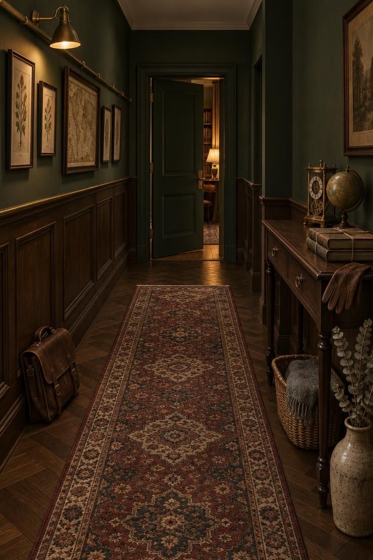 Simple Spaces 24 A long dark academia hallway with deep green walls above walnut wainscoting, a brass picture rail with framed prints, an antique console with a skeleton clock and globe, and a faded Persian-style runner on dark herringbone floor.