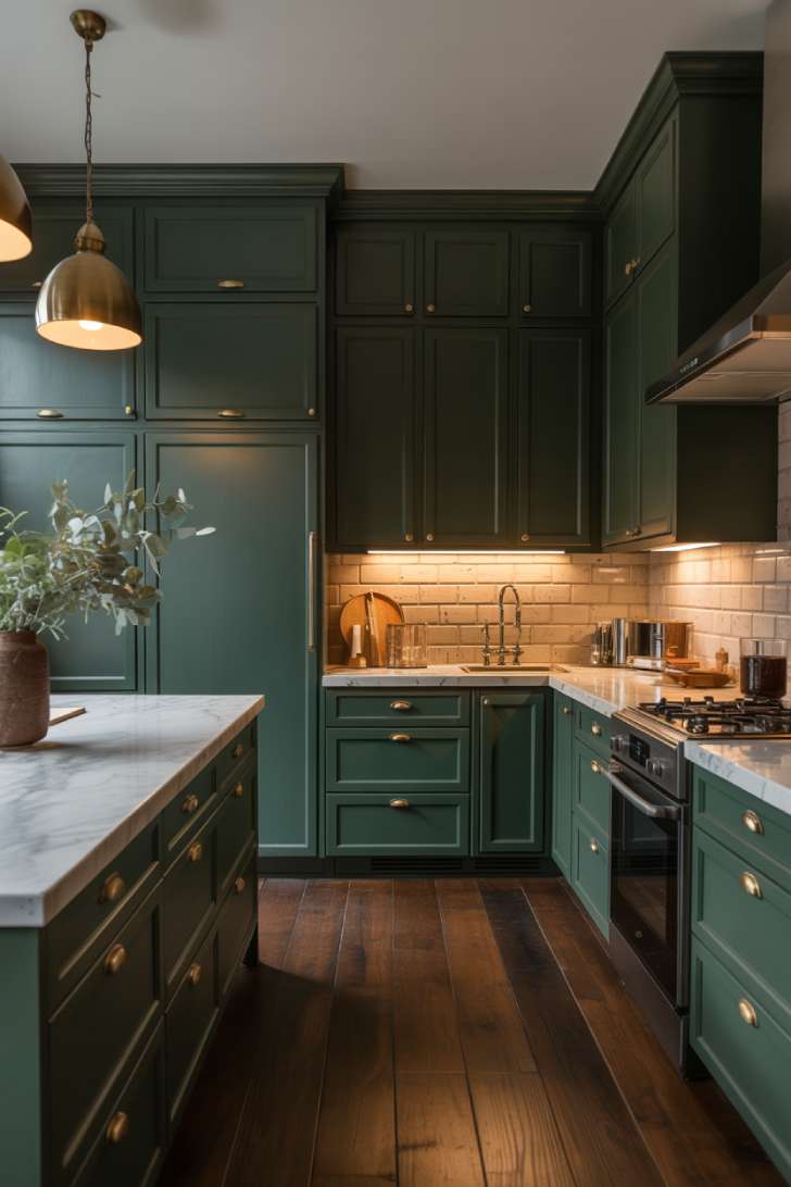 Dark green cabinets with brass hardware in dark academia kitchen