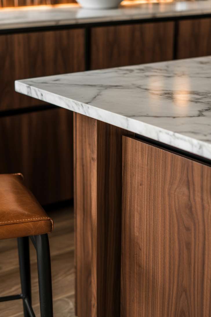 Walnut wood cabinets with marble countertops