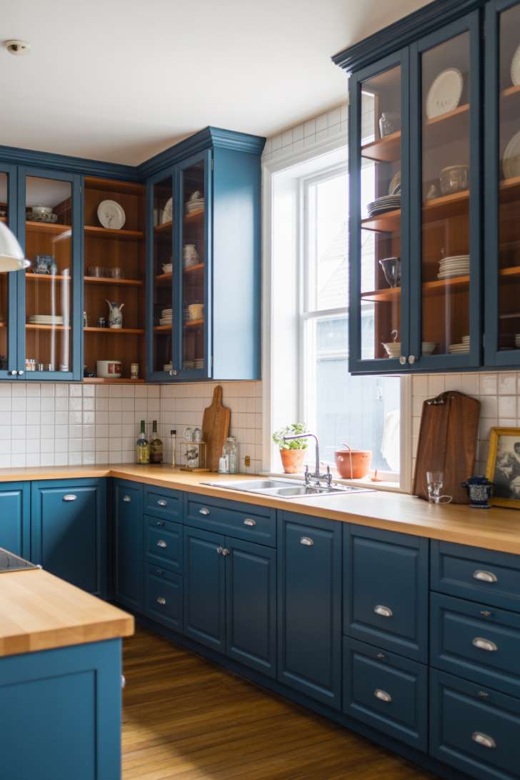 Navy blue floor-to-ceiling kitchen cabinets