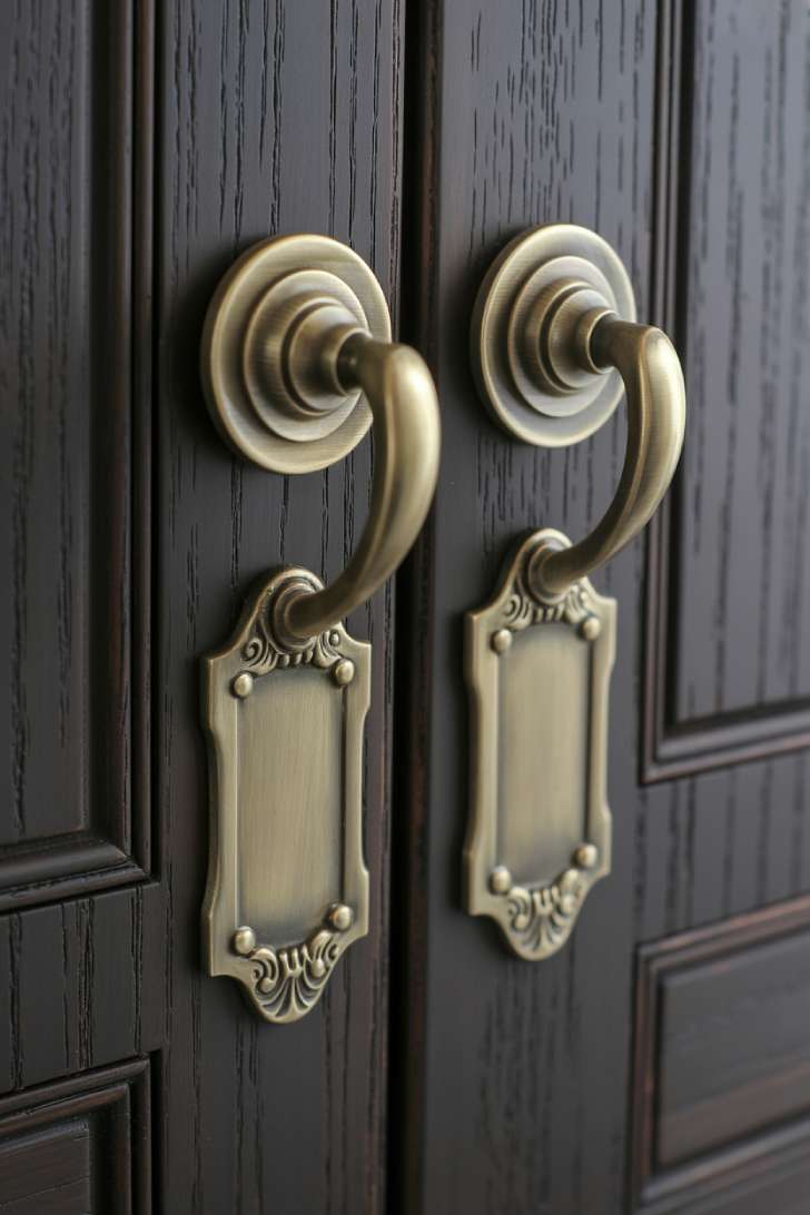 Brass cup pulls on dark wood cabinets