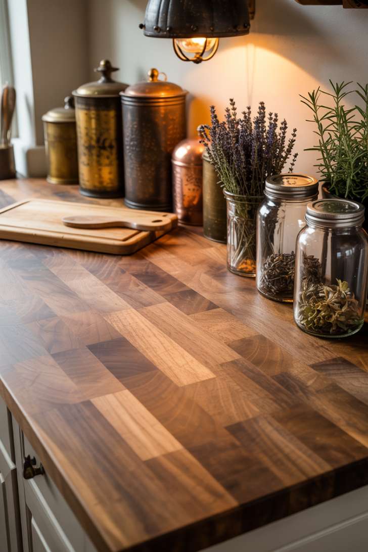 Walnut butcher block countertop with vintage items