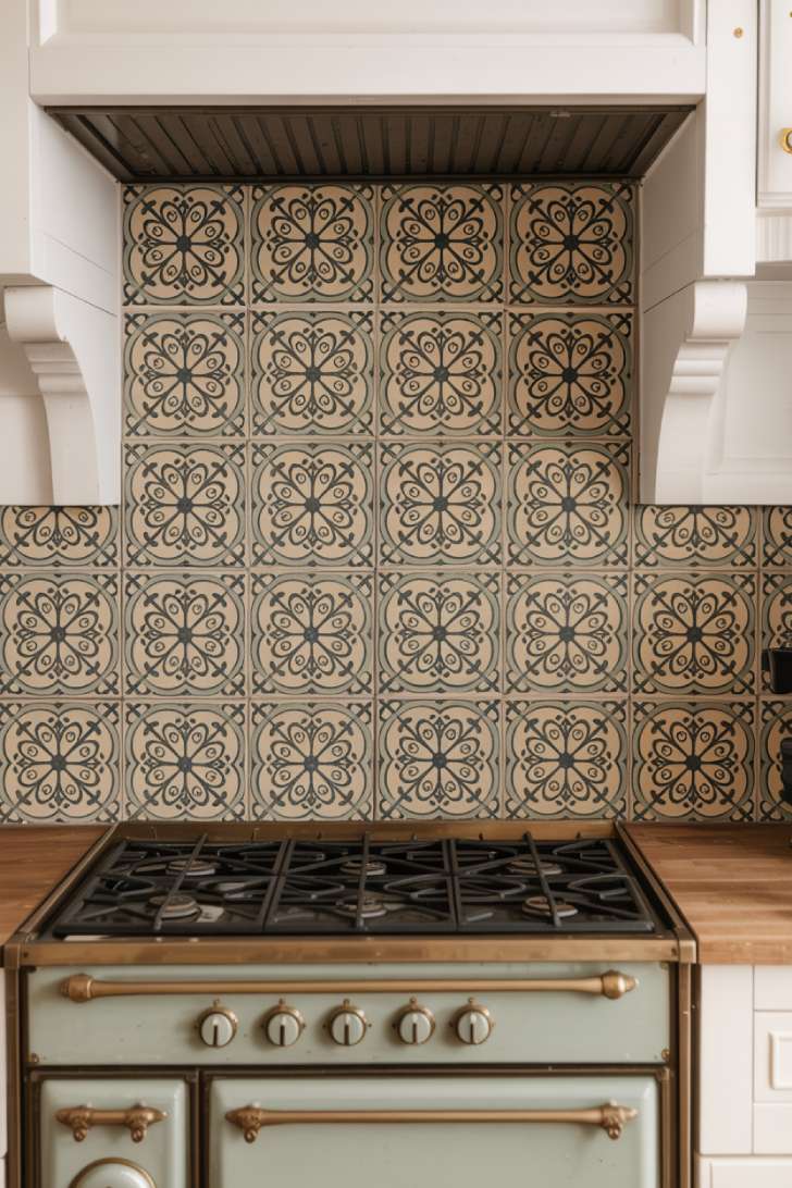 Ornate patterned kitchen backsplash tiles