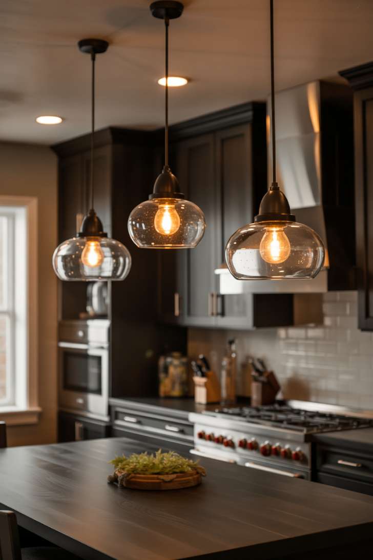 Bronze pendant lights over kitchen island
