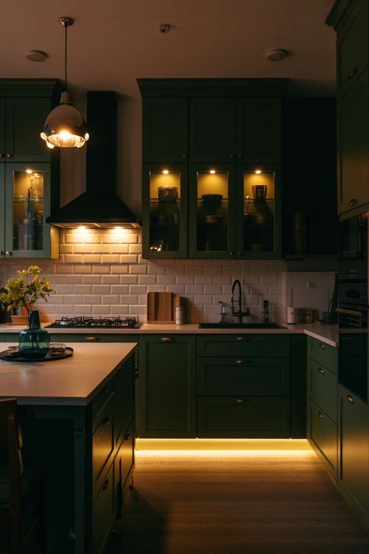 Layered lighting in dark academia kitchen at dusk