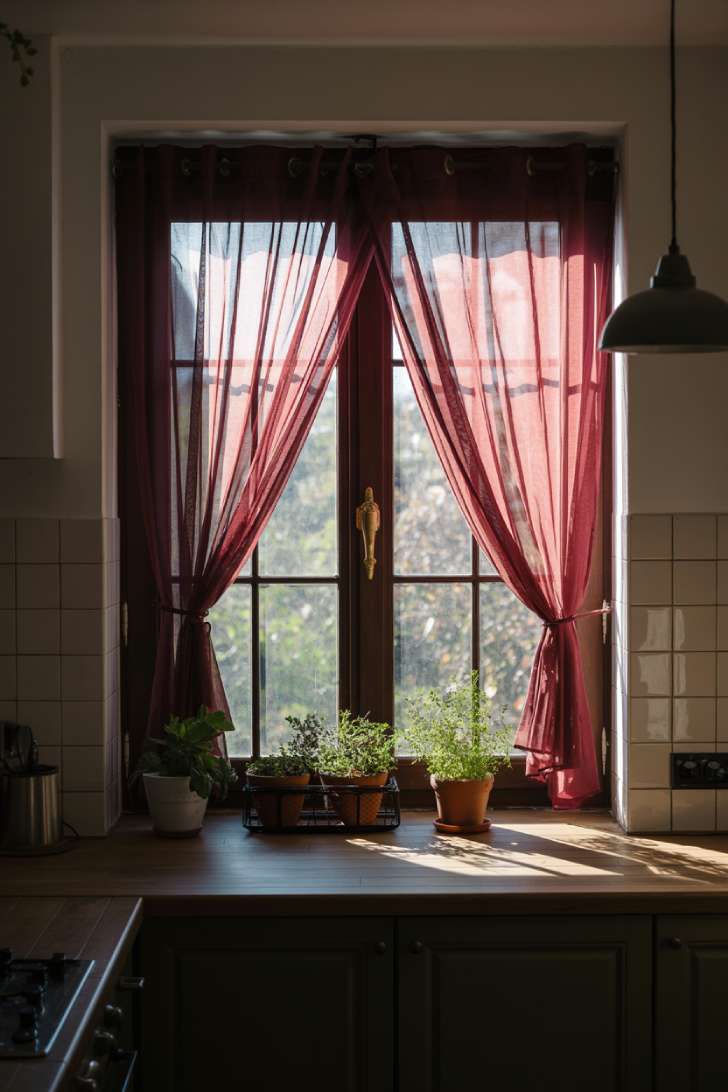 Kitchen window with burgundy sheer curtains