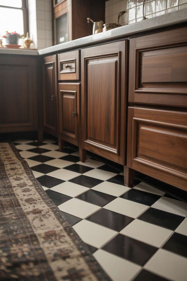 Black and white checkerboard kitchen floor
