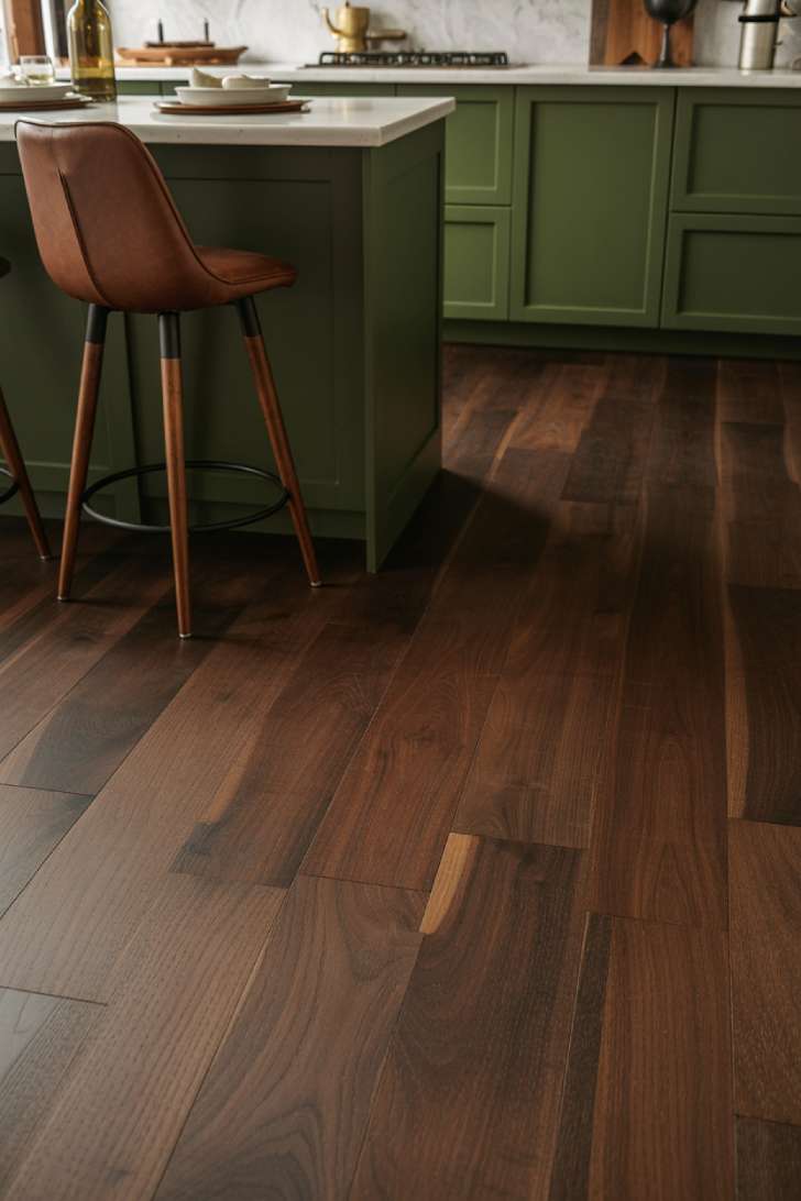 Dark walnut wood kitchen flooring