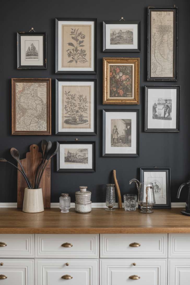 Gallery wall with botanical prints and maps