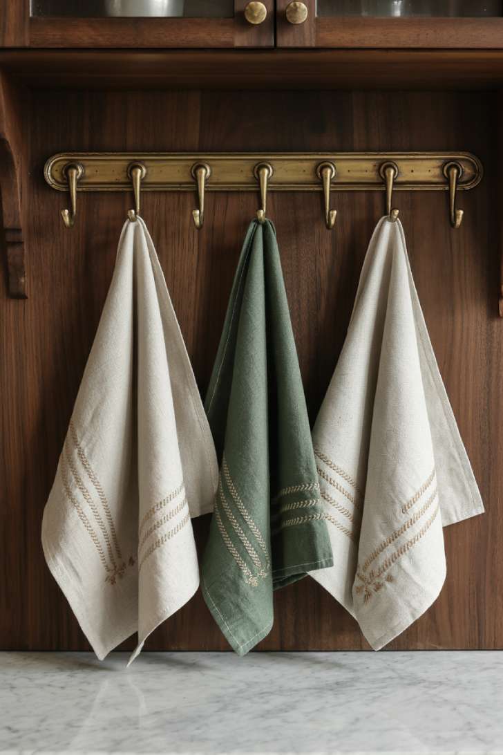 Linen kitchen towels hanging on brass hooks