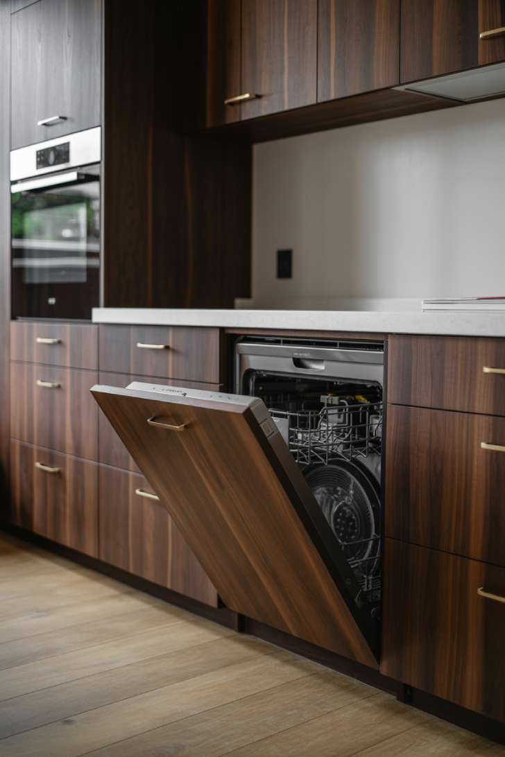 Modern appliances hidden behind cabinet panels