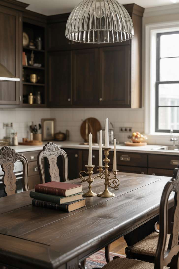 Kitchen table with wooden chairs and books