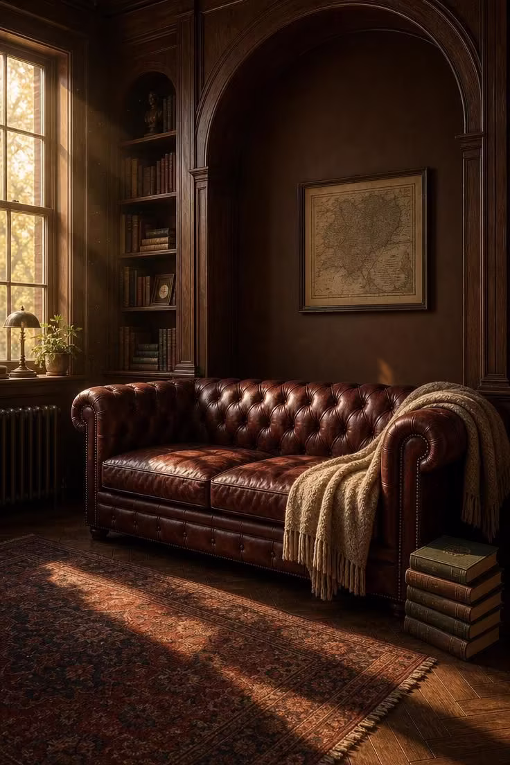 13 Rich Dark Academia Reading Nook Ideas Worth Copying 1 Oxblood leather Chesterfield sofa under a walnut arch in a warm, moody reading nook with stacked books and a wool throw.
