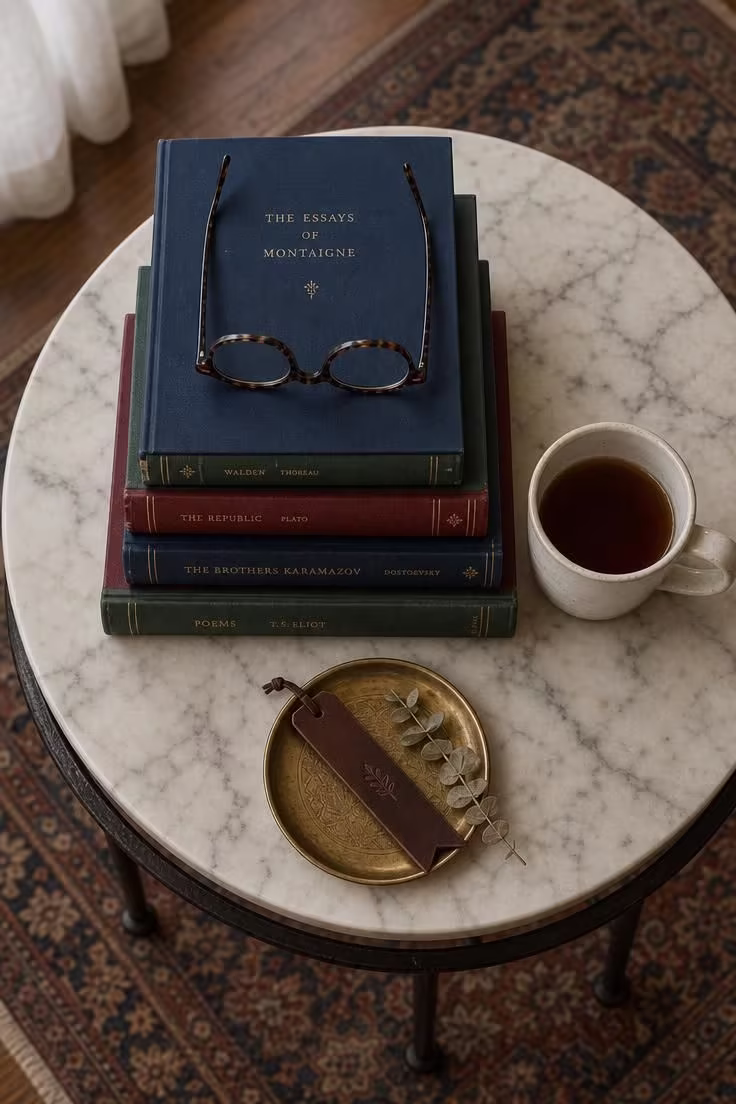 13 Rich Dark Academia Reading Nook Ideas Worth Copying 2 Overhead view of a marble-top side table with stacked cloth-bound books, a ceramic mug, reading glasses, and a brass tray.