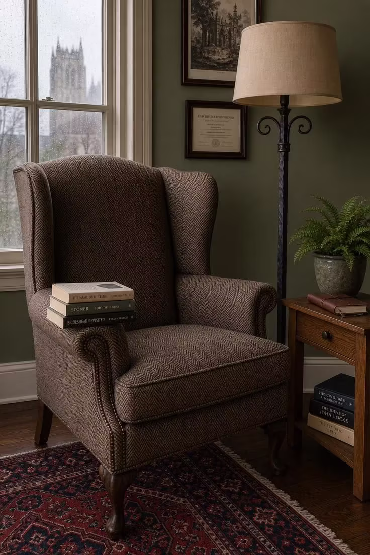 13 Rich Dark Academia Reading Nook Ideas Worth Copying 3 Brown herringbone tweed wingback chair beside a wrought-iron floor lamp with a linen shade in a cool, overcast reading nook.