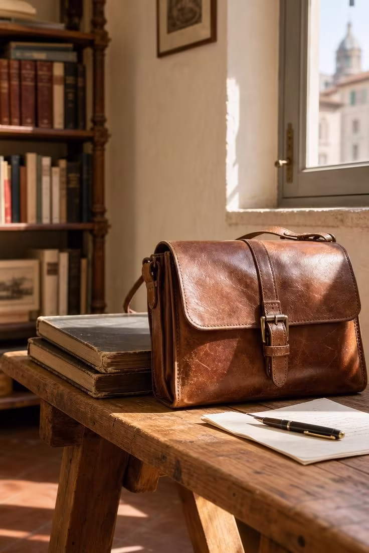 13 Rich Dark Academia Reading Nook Ideas Worth Copying 5 Cognac leather satchel and stacked art folios on a pine bench in bright midday light with an antique bookshelf in the background.