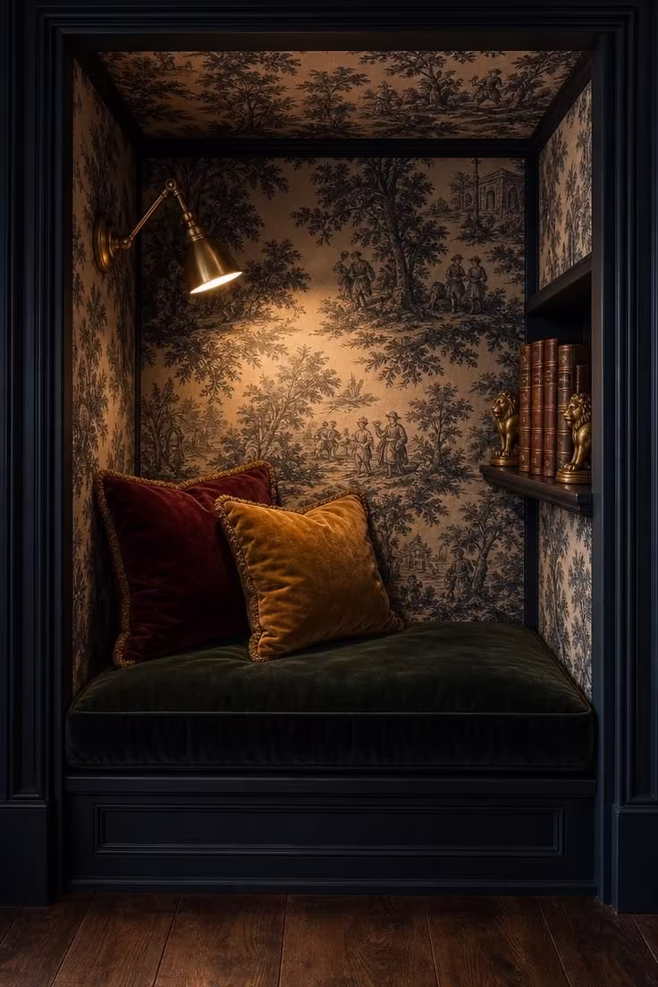 13 Rich Dark Academia Reading Nook Ideas Worth Copying 6 Navy toile wallpaper alcove with a forest-green velvet reading cushion, brass reading light, and leather-bound books on a built-in shelf.