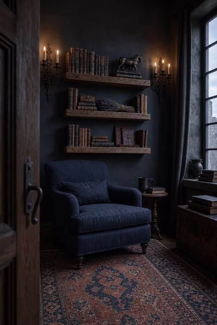 13 Rich Dark Academia Reading Nook Ideas Worth Copying 7 Cast-iron candelabra sconces flanking reclaimed oak floating shelves filled with old books, a bronze figurine, and dried lavender above a navy linen armchair.