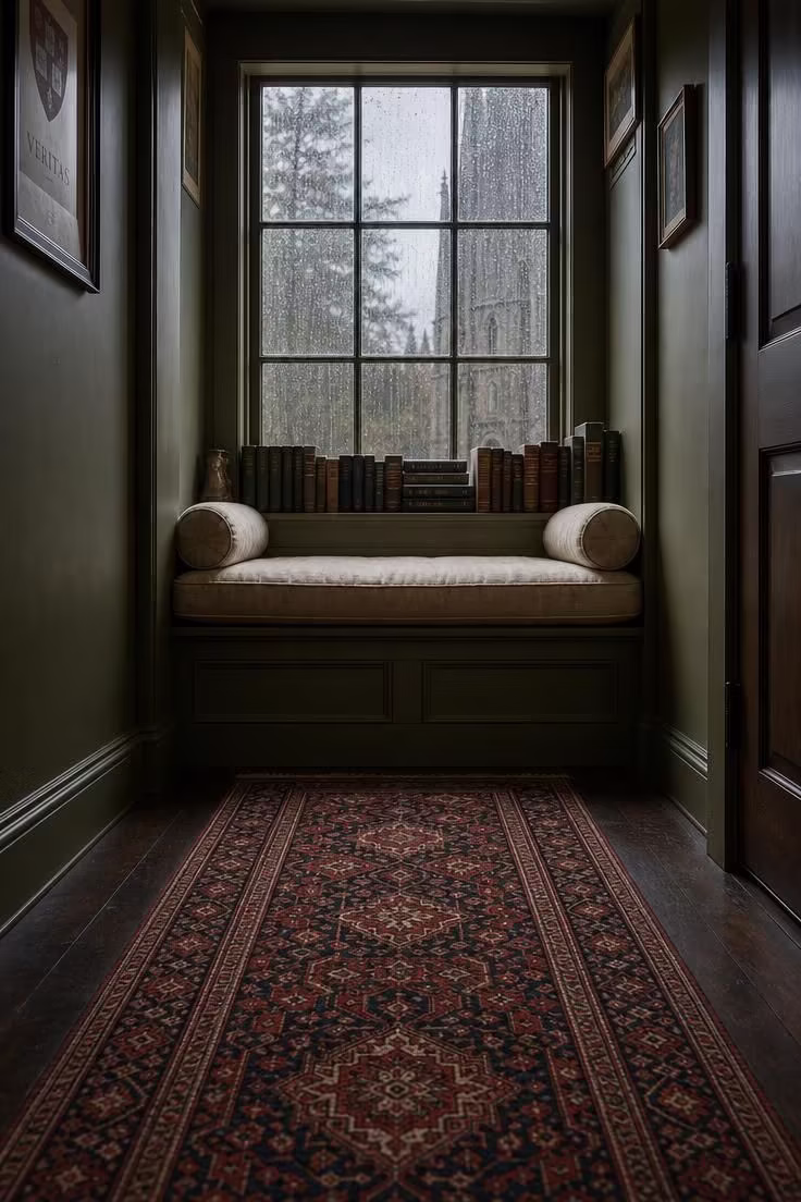 13 Rich Dark Academia Reading Nook Ideas Worth Copying 8 Low-angle view along a Persian runner rug leading to a deep window seat with oatmeal linen cylinders and rain-streaked glass.