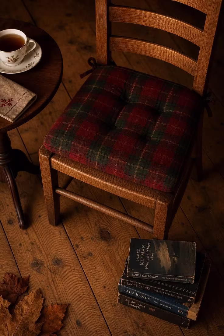 13 Rich Dark Academia Reading Nook Ideas Worth Copying 9 Overhead view of a tartan wool cushion on a ladderback oak chair with paperback books on the floor and a teacup on a walnut side table.