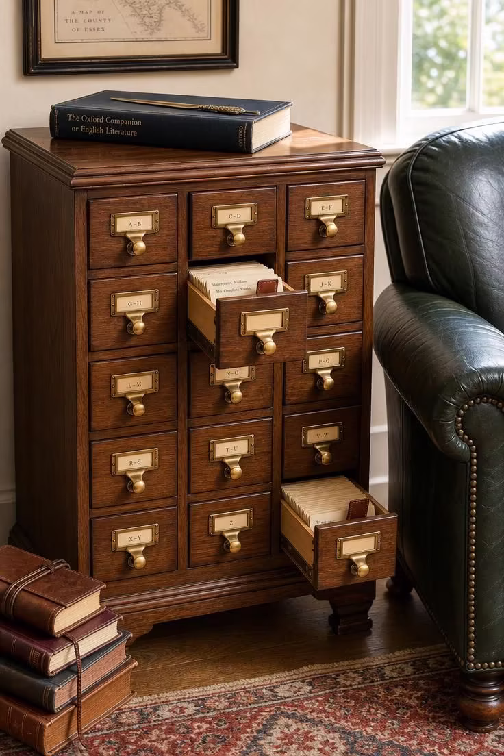 13 Rich Dark Academia Reading Nook Ideas Worth Copying 10 Vintage walnut card catalog cabinet beside a dark green leather club chair with brass drawer pulls catching midday light.