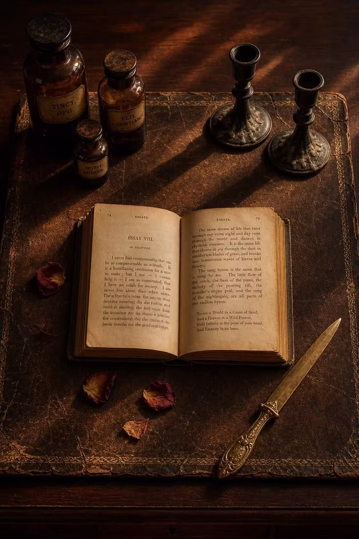 13 Rich Dark Academia Reading Nook Ideas Worth Copying 11 Overhead view of amber glass bottles, iron taper holders, and an open book on a worn leather desk blotter with warm golden light.