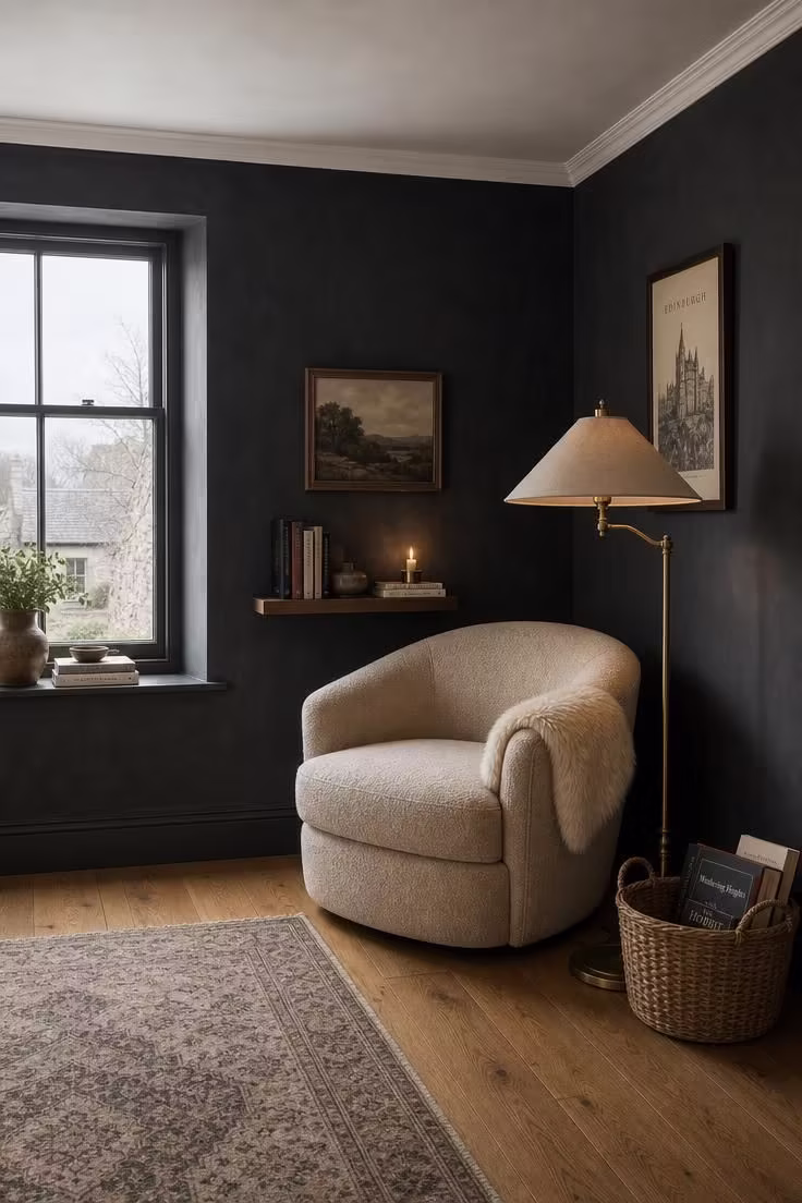 13 Rich Dark Academia Reading Nook Ideas Worth Copying 12 Charcoal chalk-painted walls with white crown molding, an oatmeal chenille armchair, a brass floor lamp, and a basket of books in a bright reading corner.