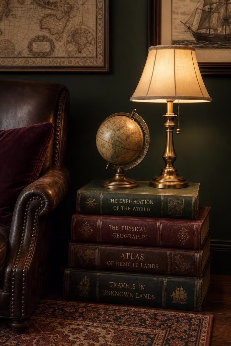 13 Rich Dark Academia Reading Nook Ideas Worth Copying 13 Antique desktop globe and brass candlestick lamp on a stacked-book pedestal beside a dark leather reading chair with a plum velvet cushion.