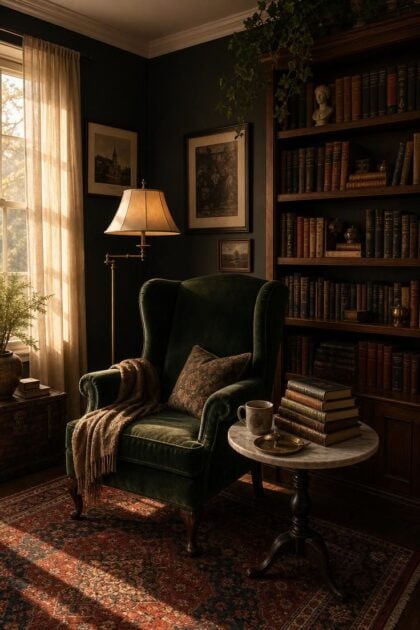 13 Rich Dark Academia Reading Nook Ideas Worth Copying Complete dark academia reading nook with a green velvet wingback chair, walnut bookshelf, brass lamp, Persian rug, and charcoal walls with crown molding in warm afternoon lig