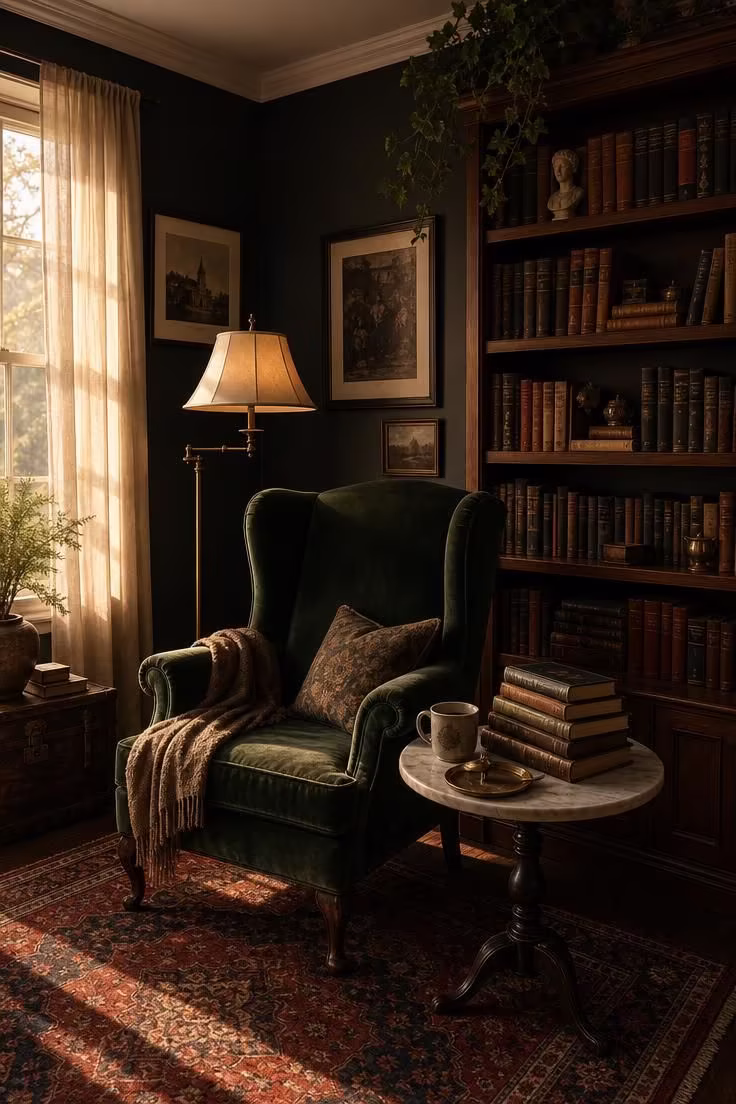 Simple Spaces 15 Complete dark academia reading nook with a green velvet wingback chair, walnut bookshelf, brass lamp, Persian rug, and charcoal walls with crown molding in warm afternoon lig