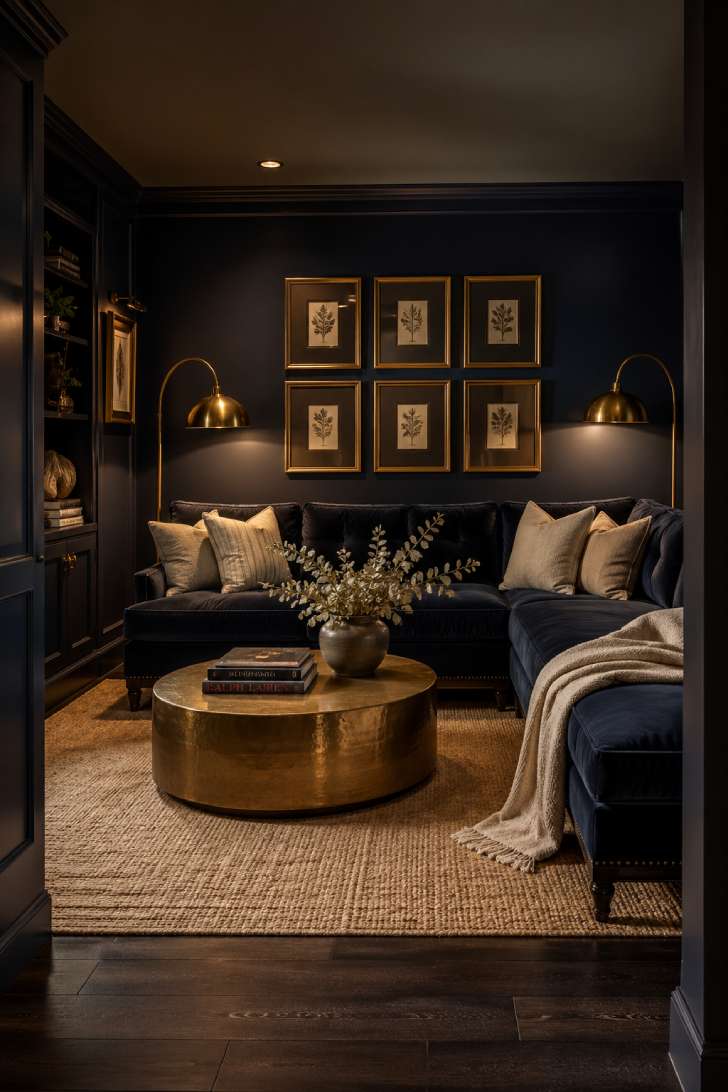 Navy blue basement lounge with velvet sectional, brass floor lamps, and cream throw pillows