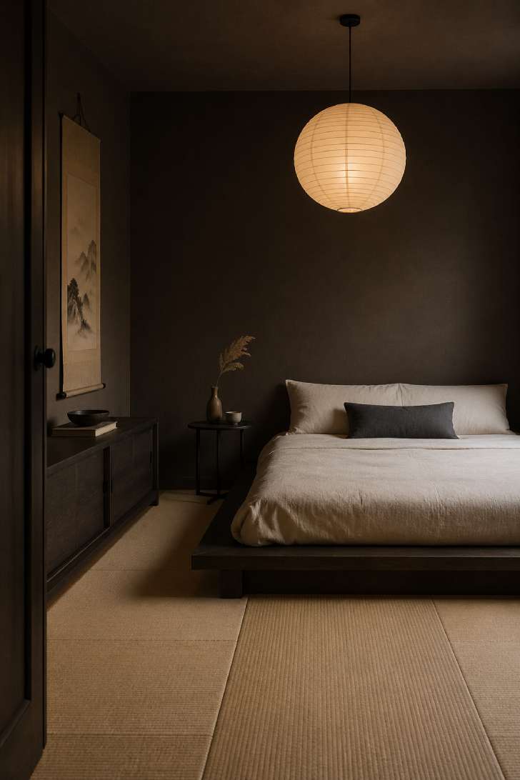 Japandi basement with dark ash platform bed, cream linen bedding, and paper lantern pendant