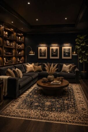 Fully styled dark navy basement lounge with velvet sectional, brass lamps, bookshelf wall, and vintage Persian rug