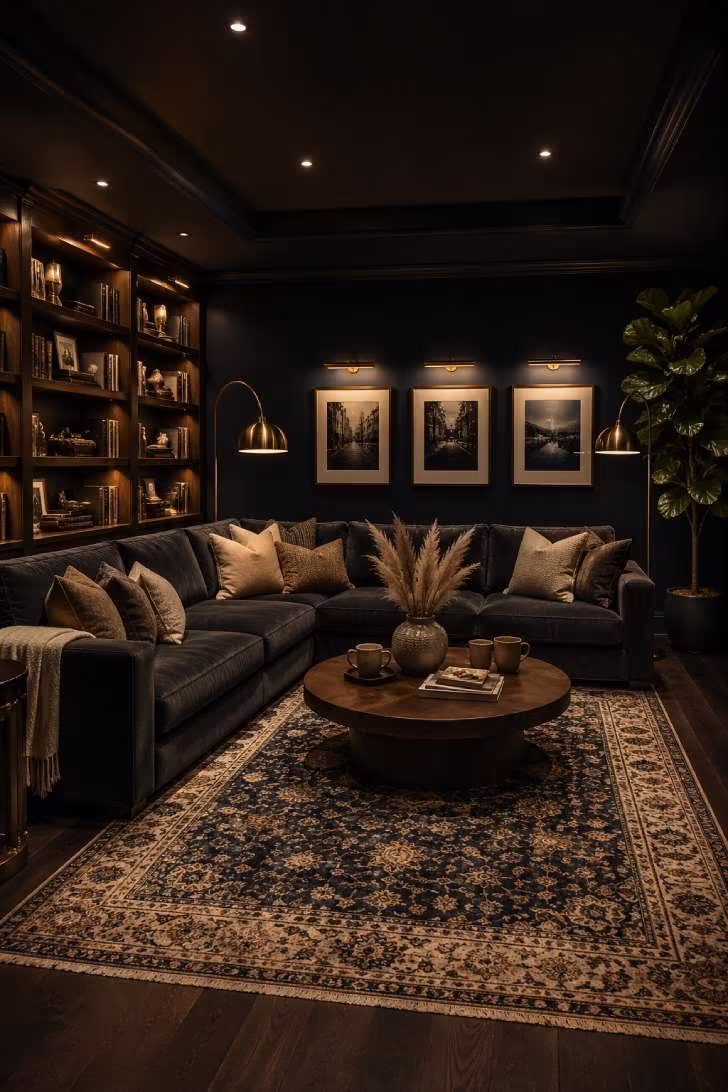Fully styled dark navy basement lounge with velvet sectional, brass lamps, bookshelf wall, and vintage Persian rug