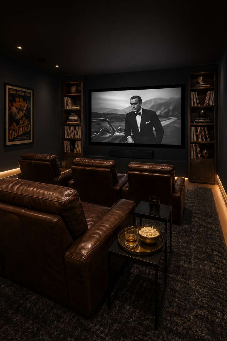 Dark charcoal basement home theater with cognac leather recliners and ambient LED strip lighting