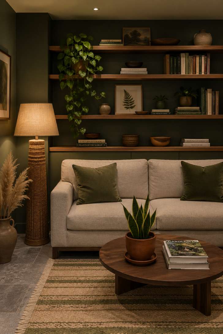 Forest green basement sitting room with walnut shelving, linen sofa, and trailing pothos plant