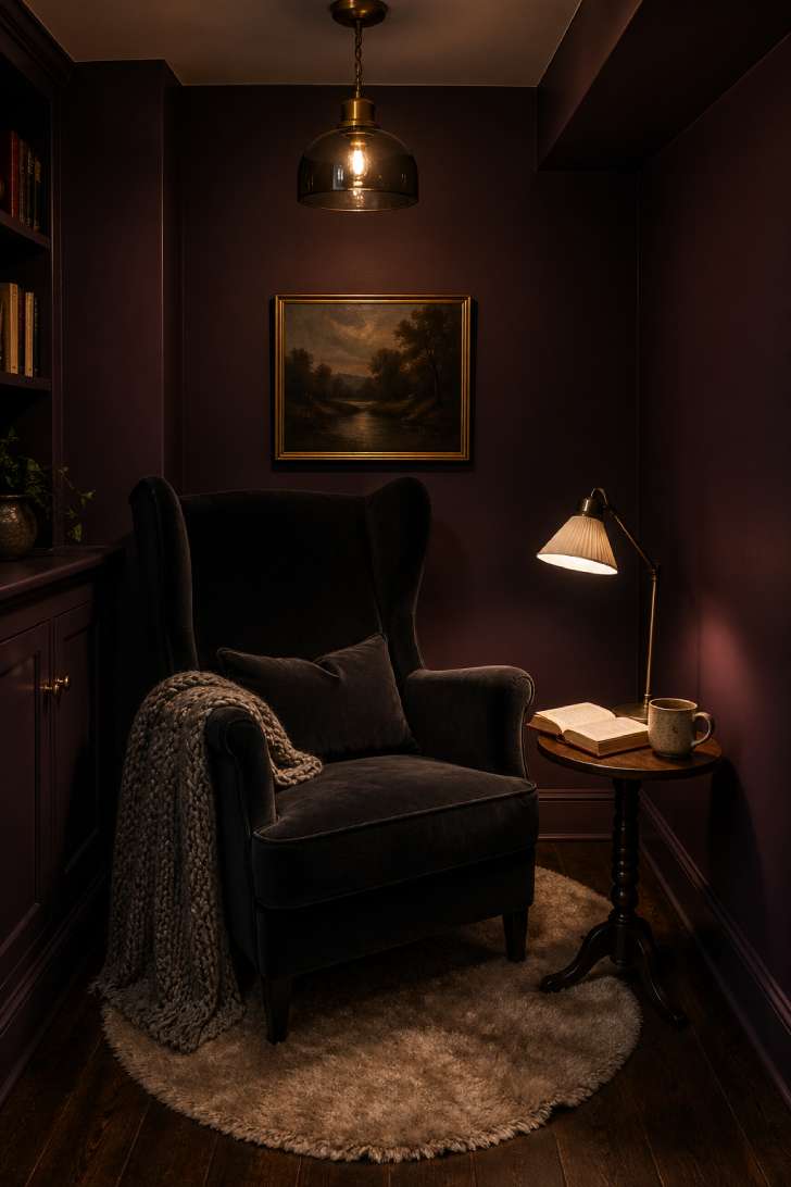 Dark plum basement reading nook with velvet wingback chair and brass pendant light