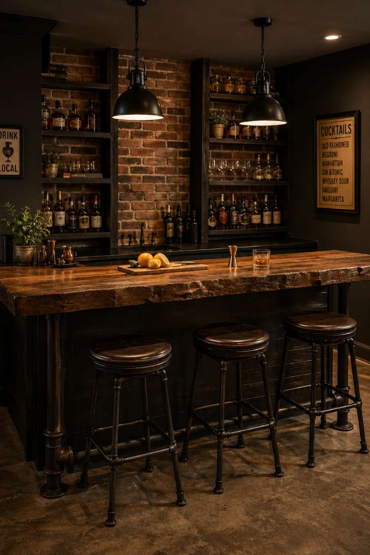 Industrial basement bar with exposed brick, live-edge dark wood counter, and matte black pendant lights