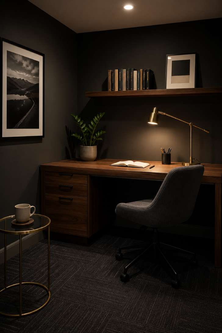Charcoal gray basement home office with walnut desk, brass lamp, and floating shelf