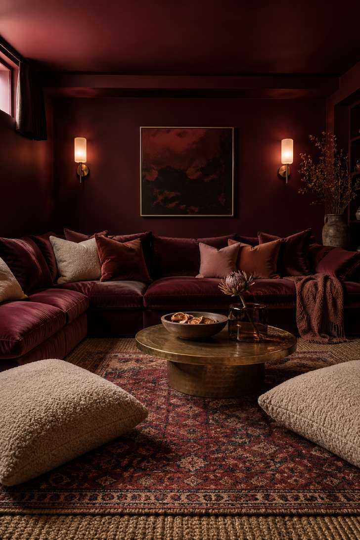 Burgundy velvet basement den with floor-level modular sofa, brass coffee table, and layered rugs