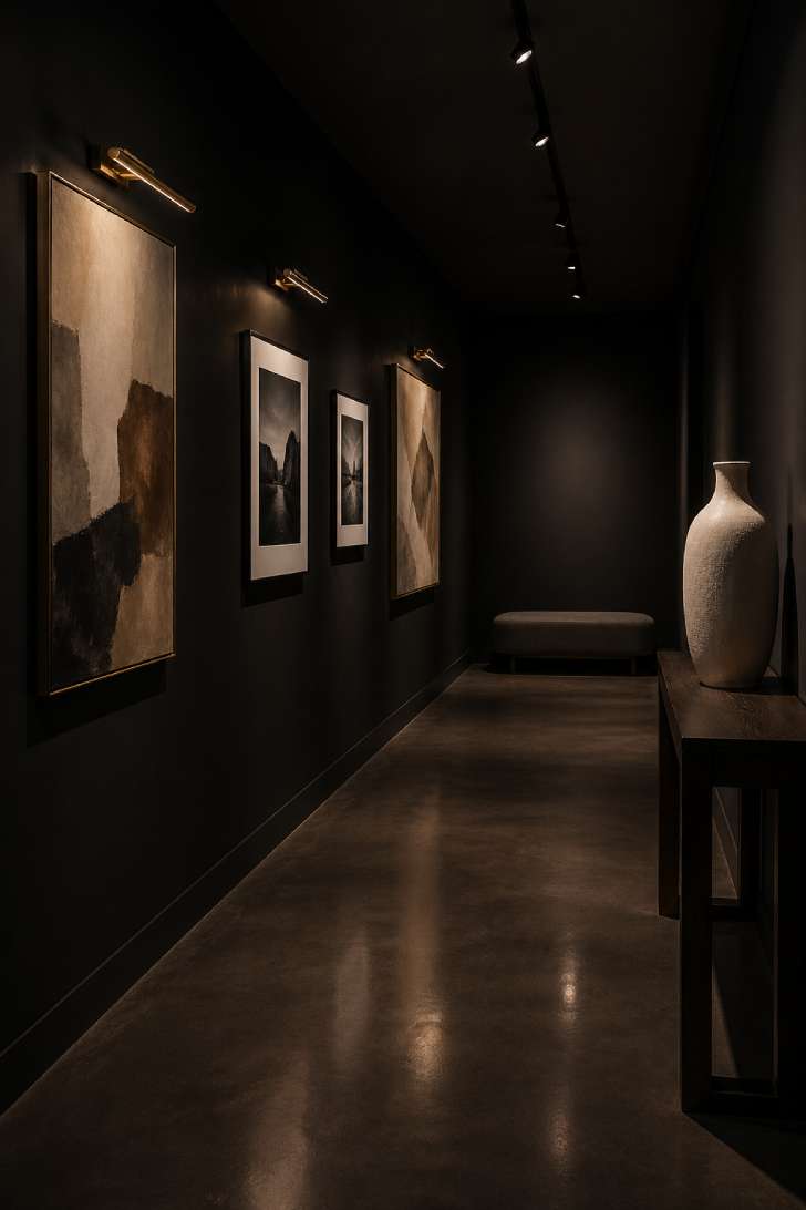 Near-black basement gallery with brass picture lights illuminating framed artwork on dark walls