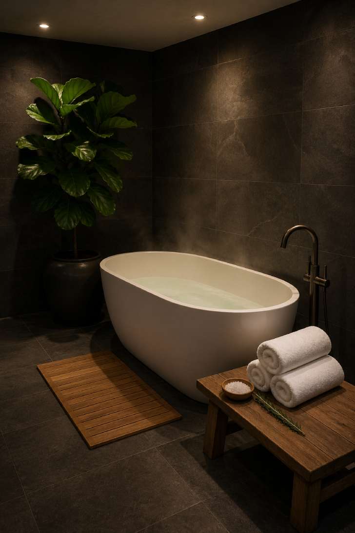 Dark slate basement spa retreat with matte white soaking tub, teak bench, and fiddle-leaf fig